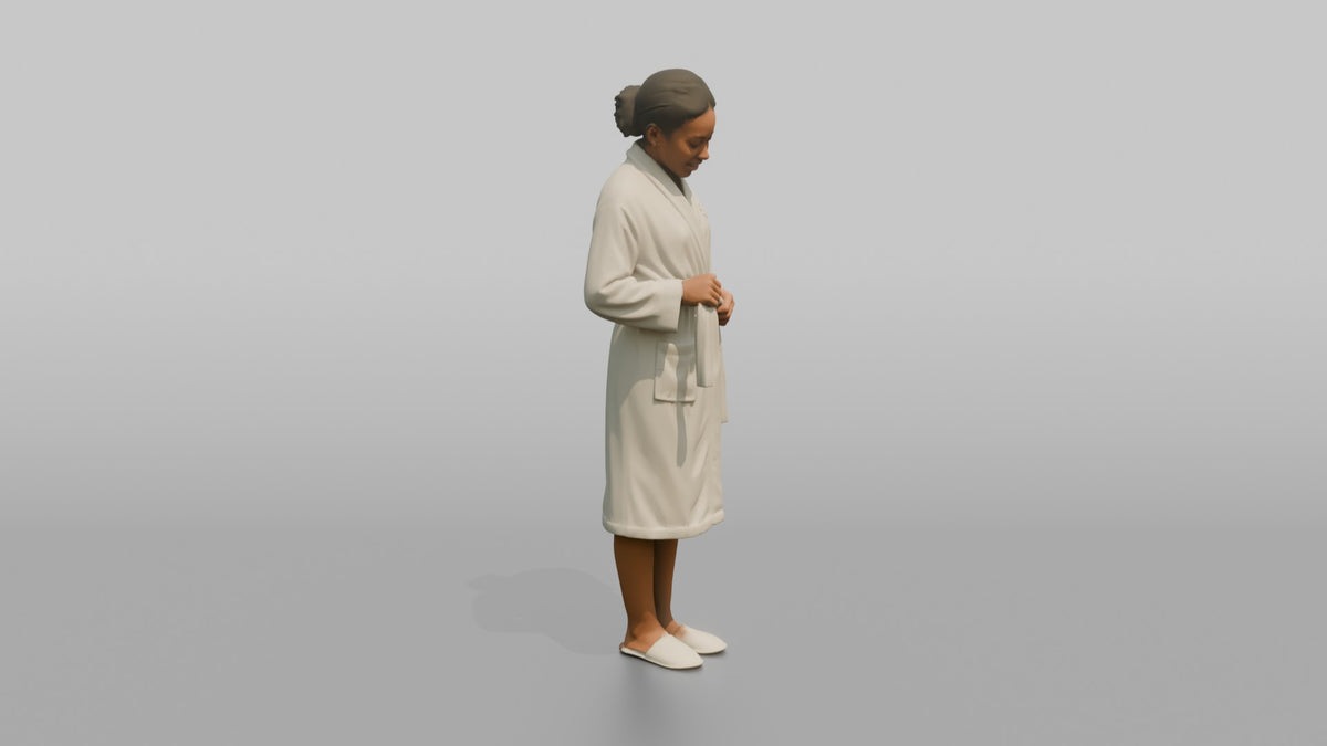 Spa Attendant Woman Adjusting A Robe Belt At The Waist - 3D character model, view 2