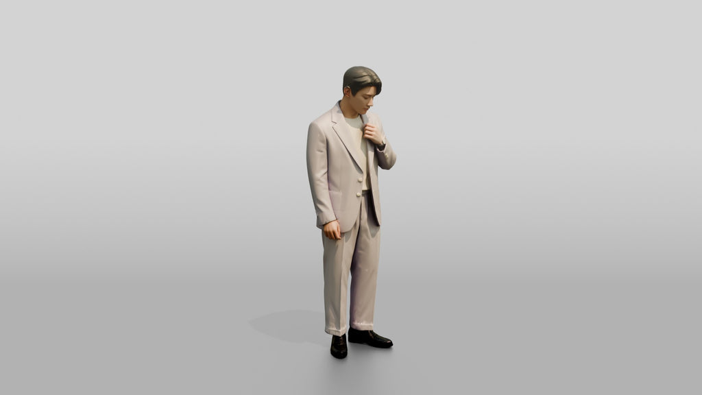 Man Adjusting Collar in Lavender Suit