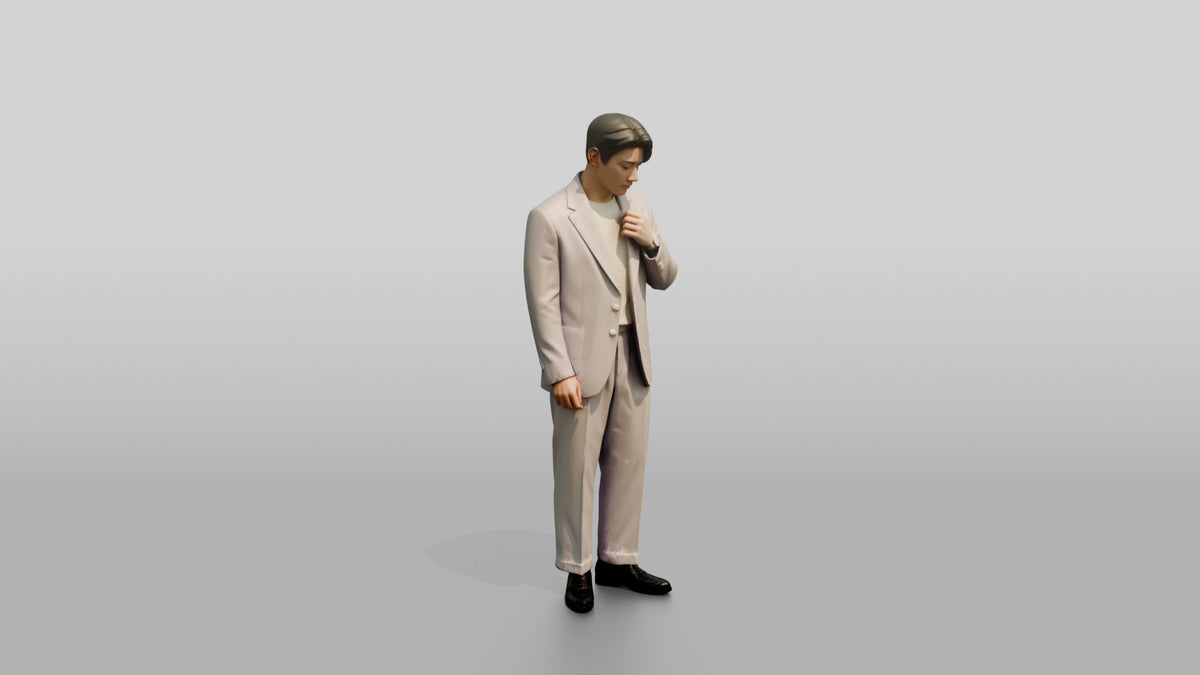 Man Adjusting Collar in Lavender Suit - 3D character model, view 1