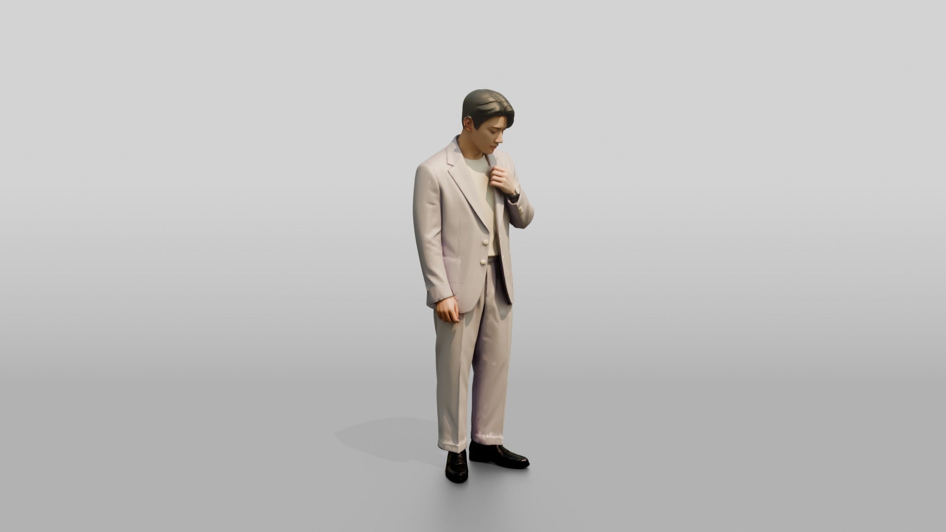 Man Adjusting Collar in Lavender Suit