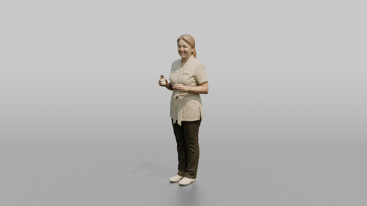 Esthetician Woman Holding A Cotton Pad And Small Bottle - 3D character model, view 4