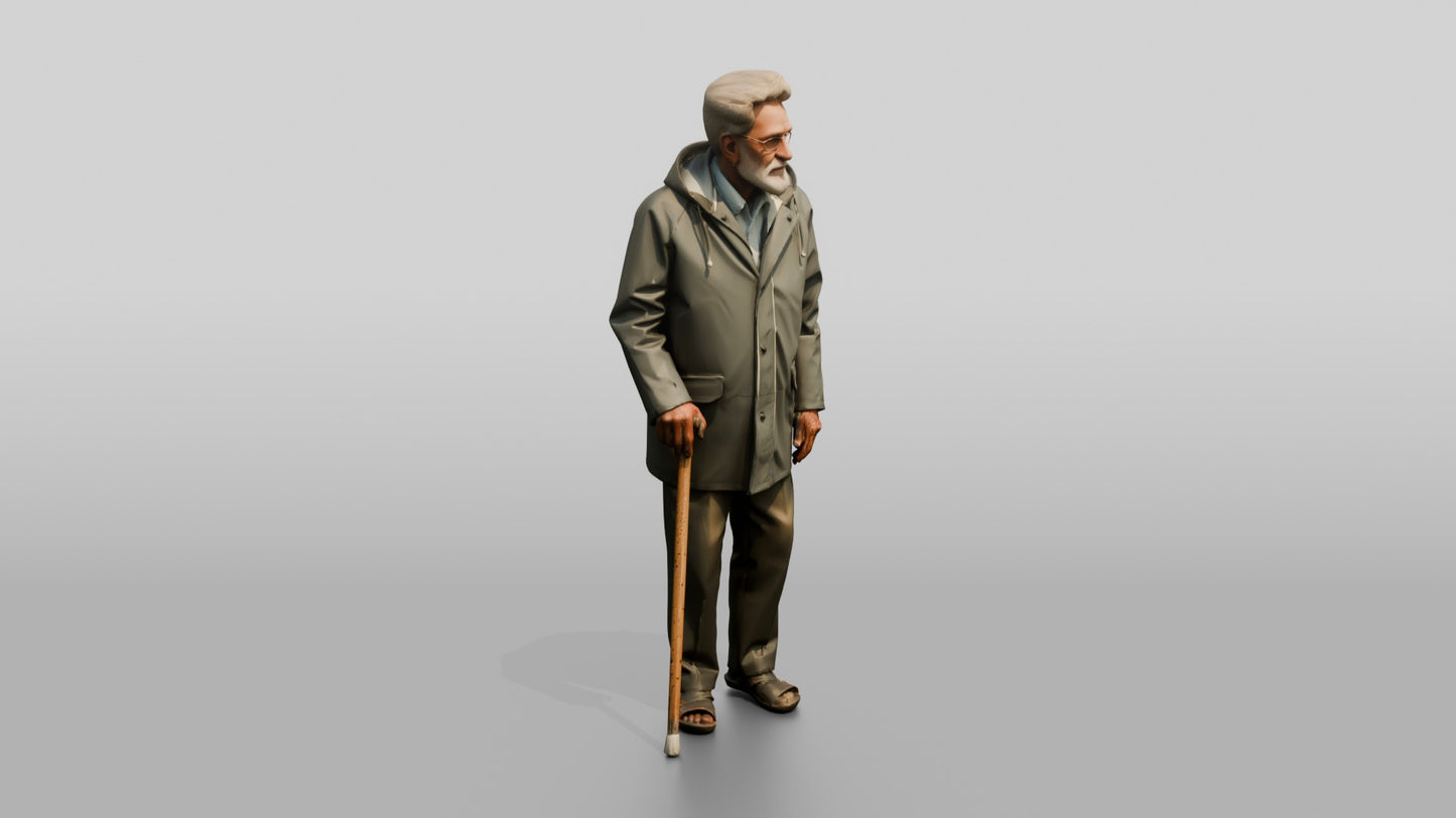 Elderly Indian Man in Grey Raincoat with Cane