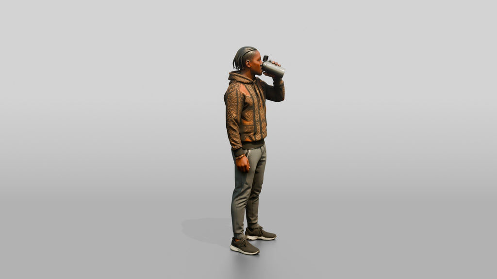 Athletic African Man Drinking Coffee in a Geometric Print Hoodie