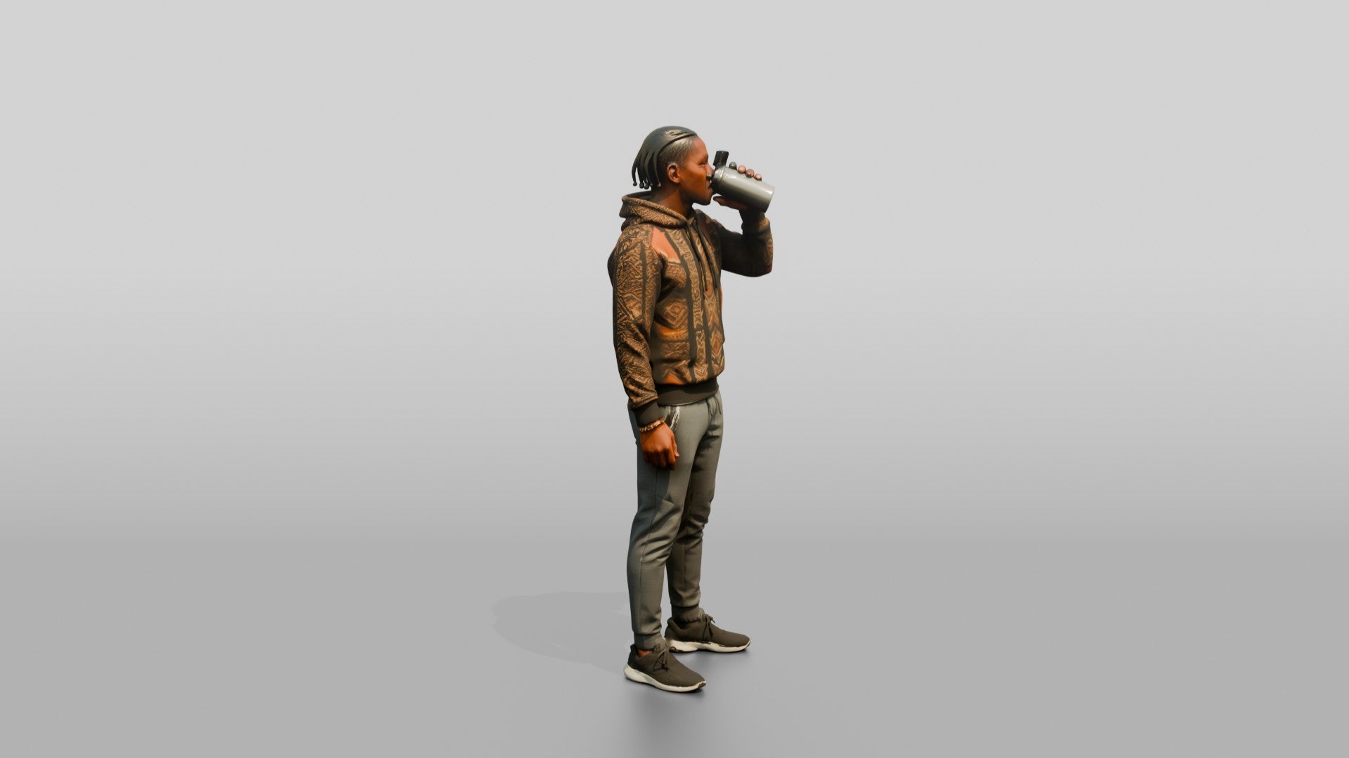 Athletic African Man Drinking Coffee in a Geometric Print Hoodie