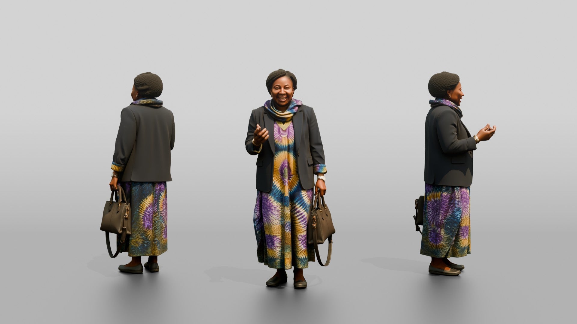 Woman in a Blazer Over a Tie-Dye Dress