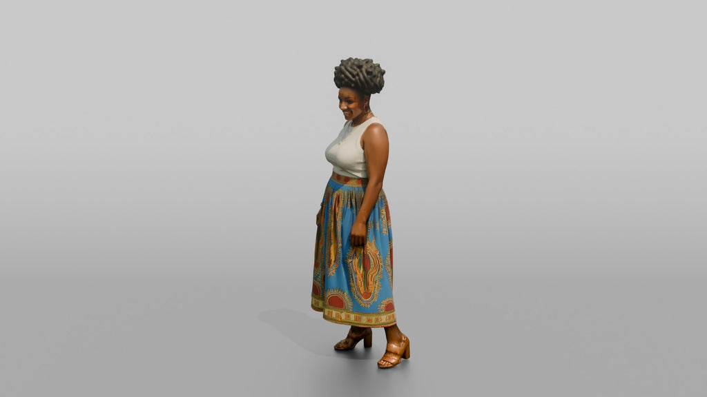 African Woman in Dashiki Print Skirt and White Top