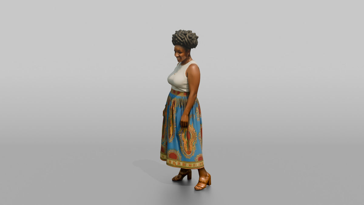 African Woman in Dashiki Print Skirt and White Top - 3D character model, view 4