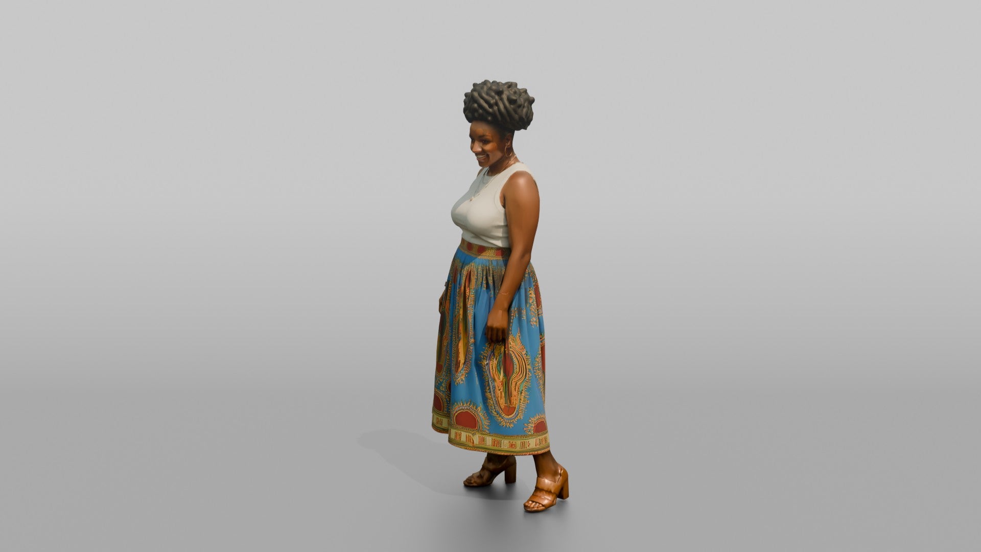 African Woman in Dashiki Print Skirt and White Top