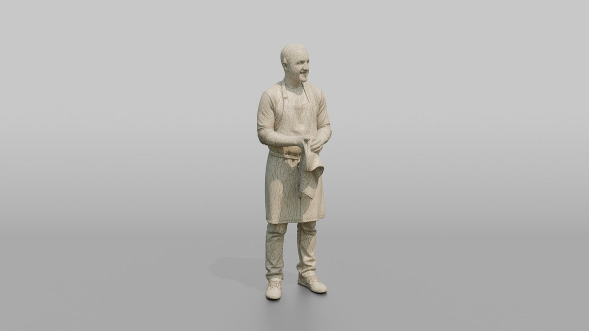 Father Wiping His Hands On A Kitchen Towel, Apron On - wireframe topology preview