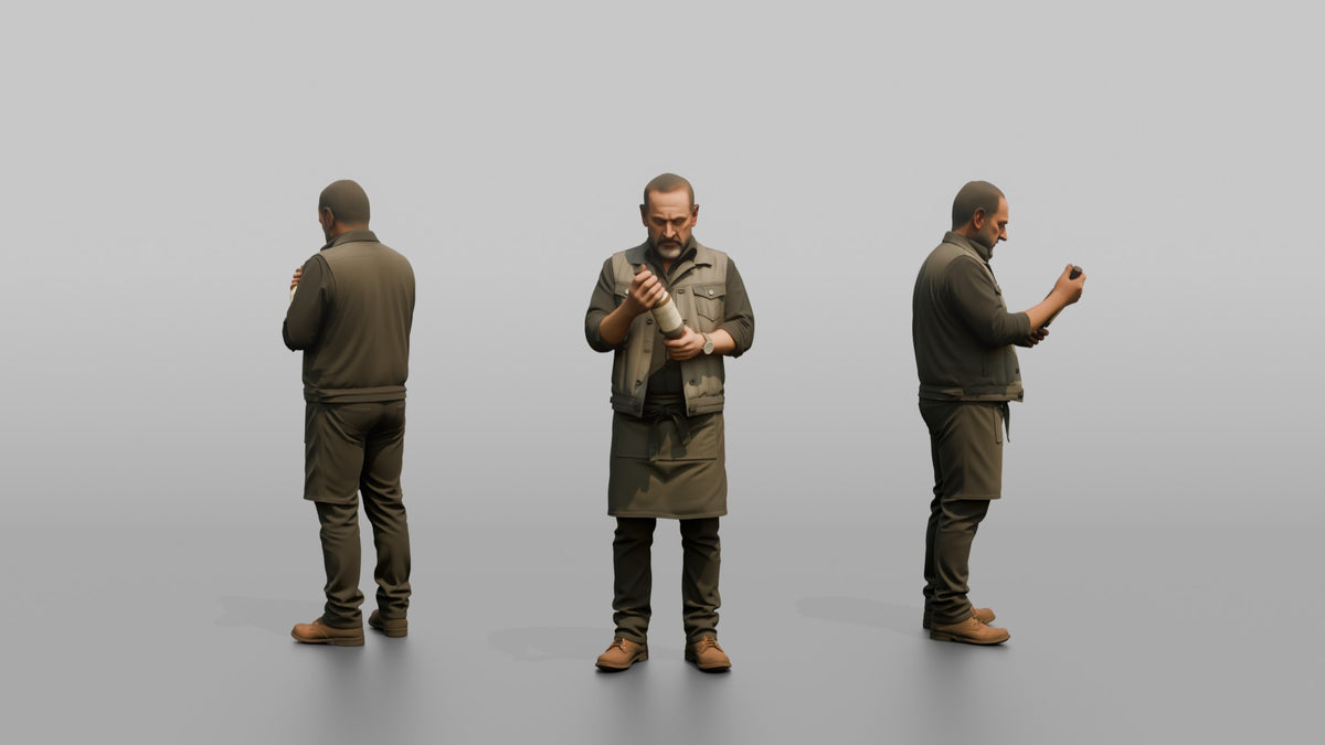 Bartender Man Holding A Bottle, Reading The Label - 3D character model, view 1