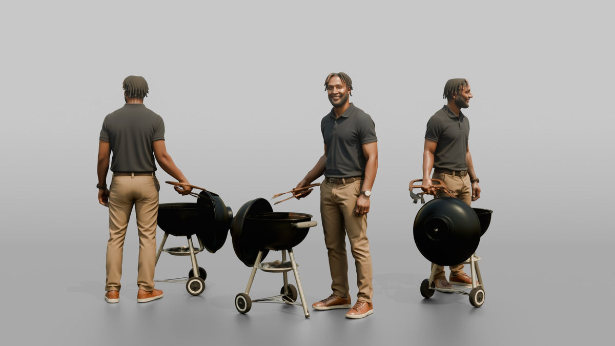 Father Holding Barbecue Tongs, Standing Beside A Grill - 3D character model, view 1