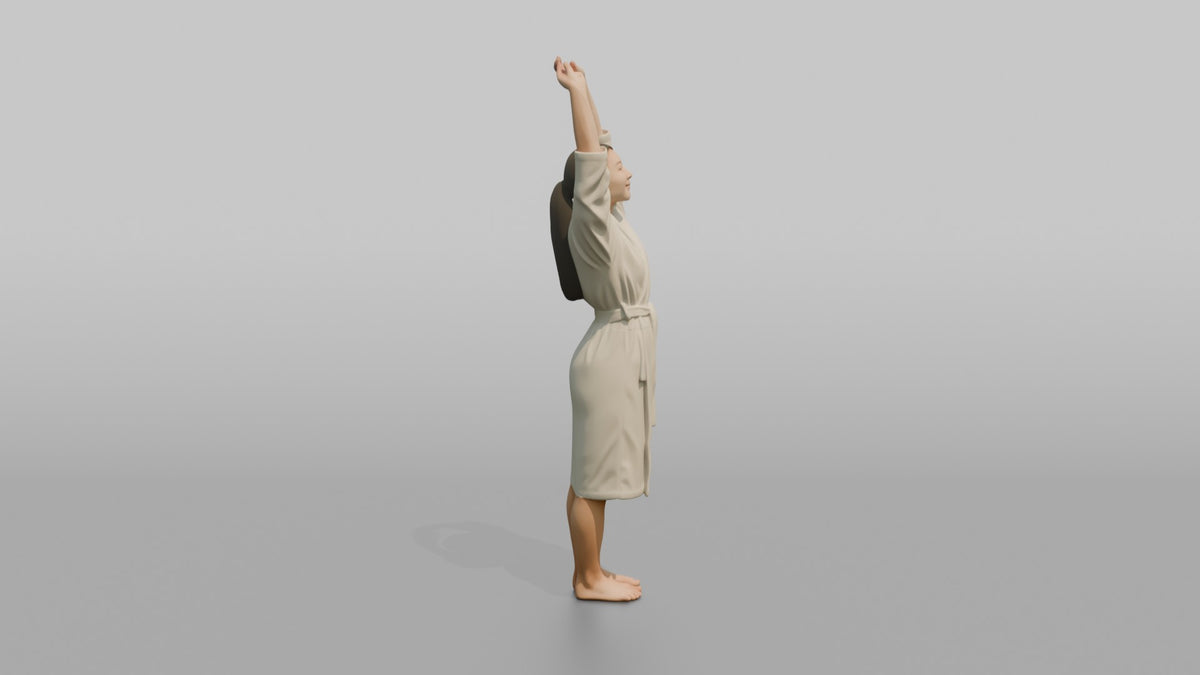 Spa Client Man Standing Stretching Both Arms Overhead In A Robe - 3D character model, view 2
