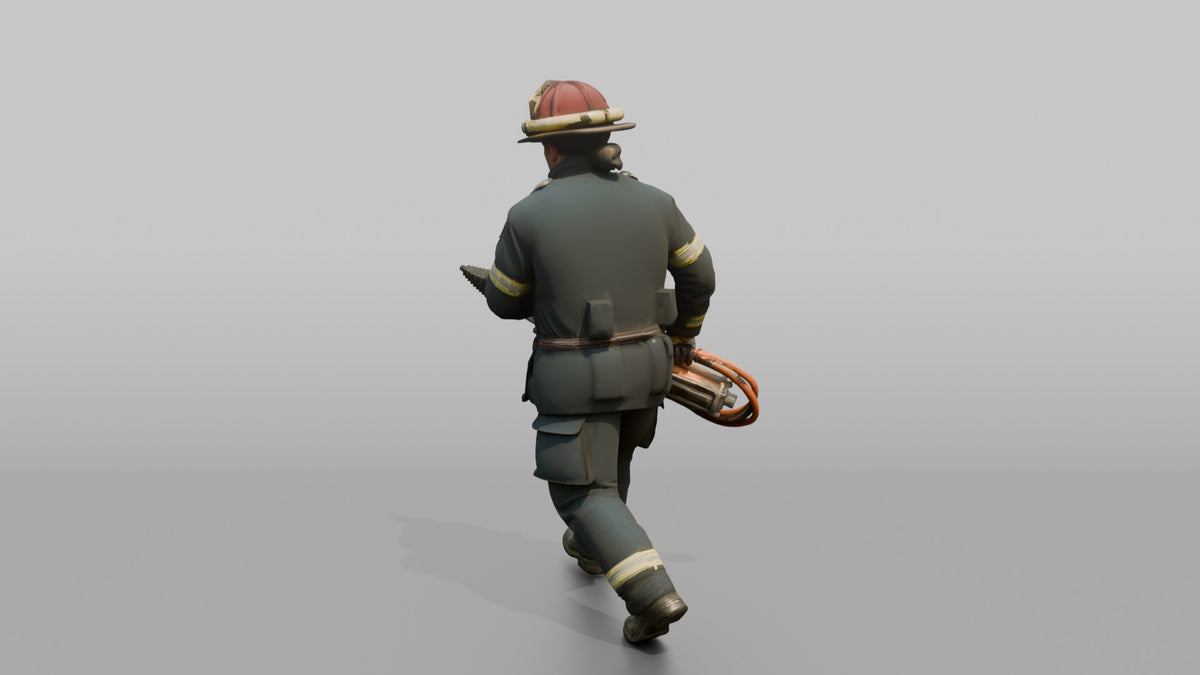 Firefighter Man Carrying a Heavy Rescue Ram Tool - 3D character model, view 3
