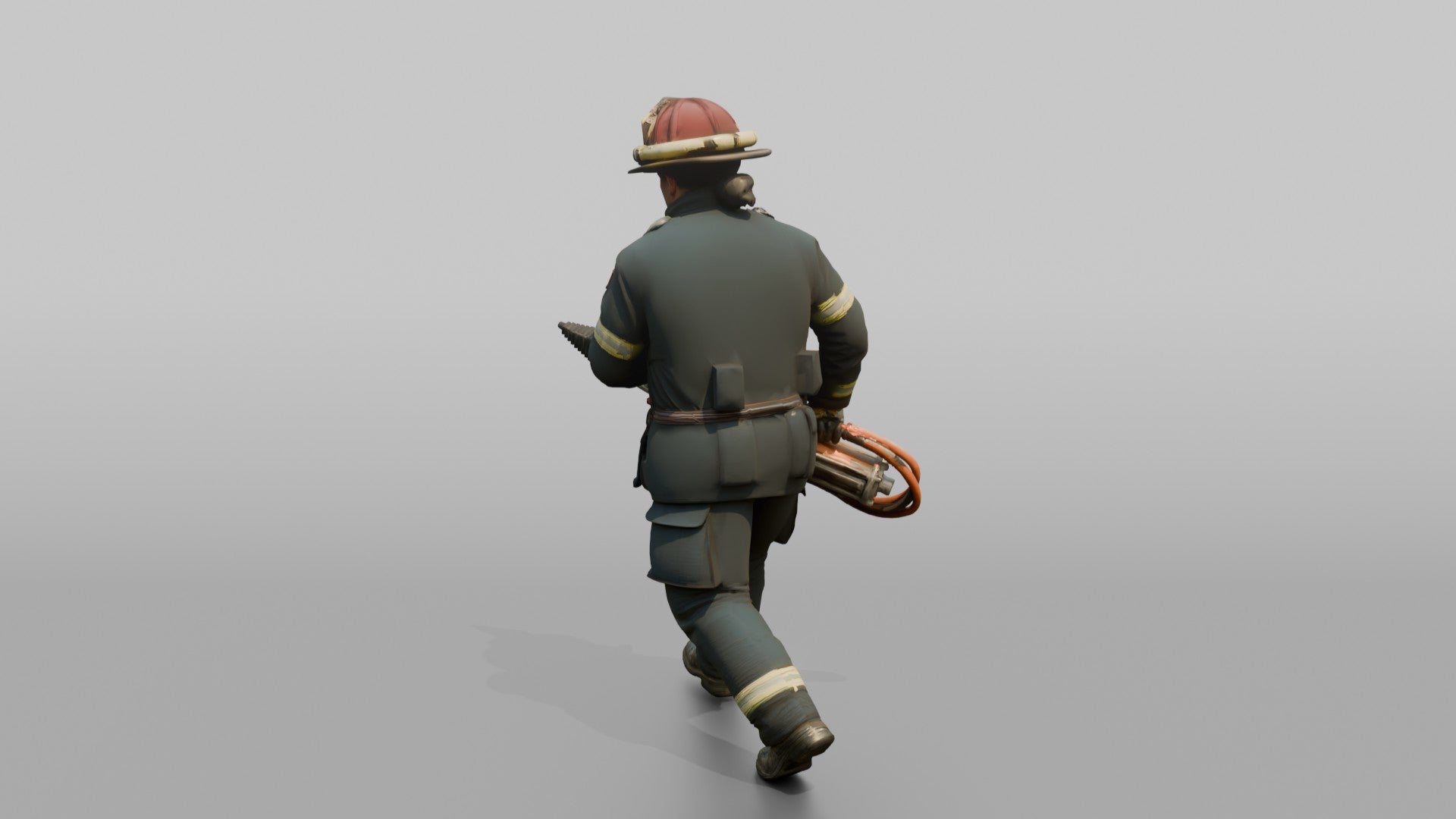 Firefighter Man Carrying a Heavy Rescue Ram Tool