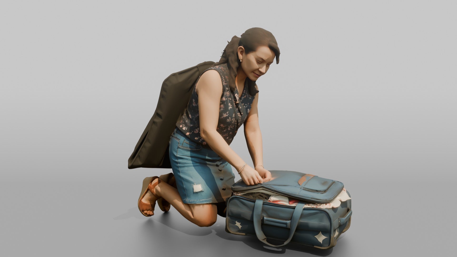 Traveler Kneeling To Zip Her Suitcase