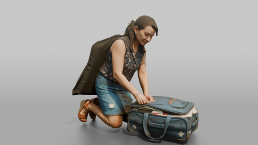 Traveler Kneeling To Zip Her Suitcase - 3D character model, view 1