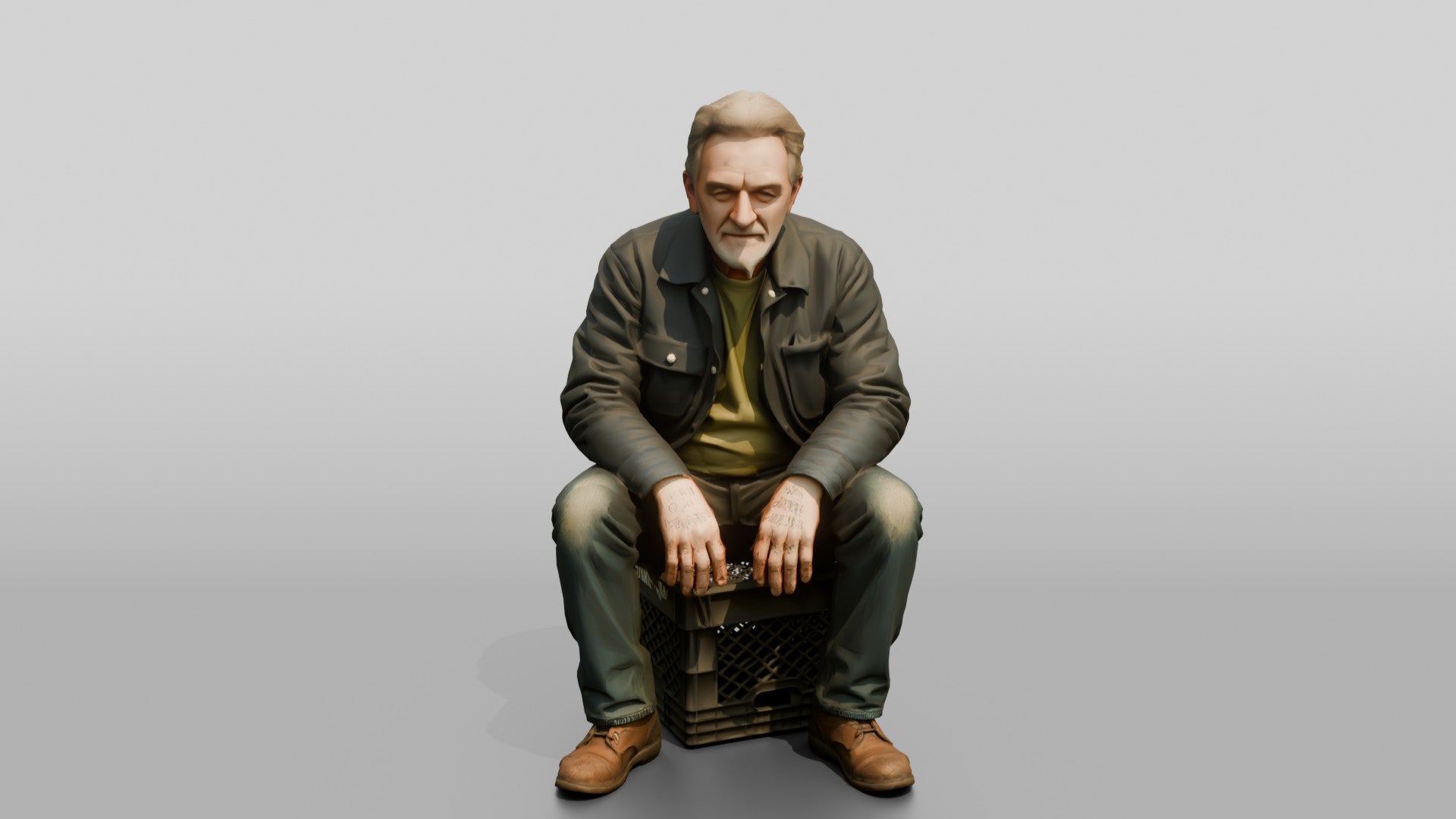 Homeless Man Sitting on a Milk Crate