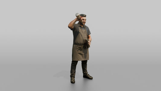 Bartender Man Holding A Bottle Up, Mid-pour - 3D character model