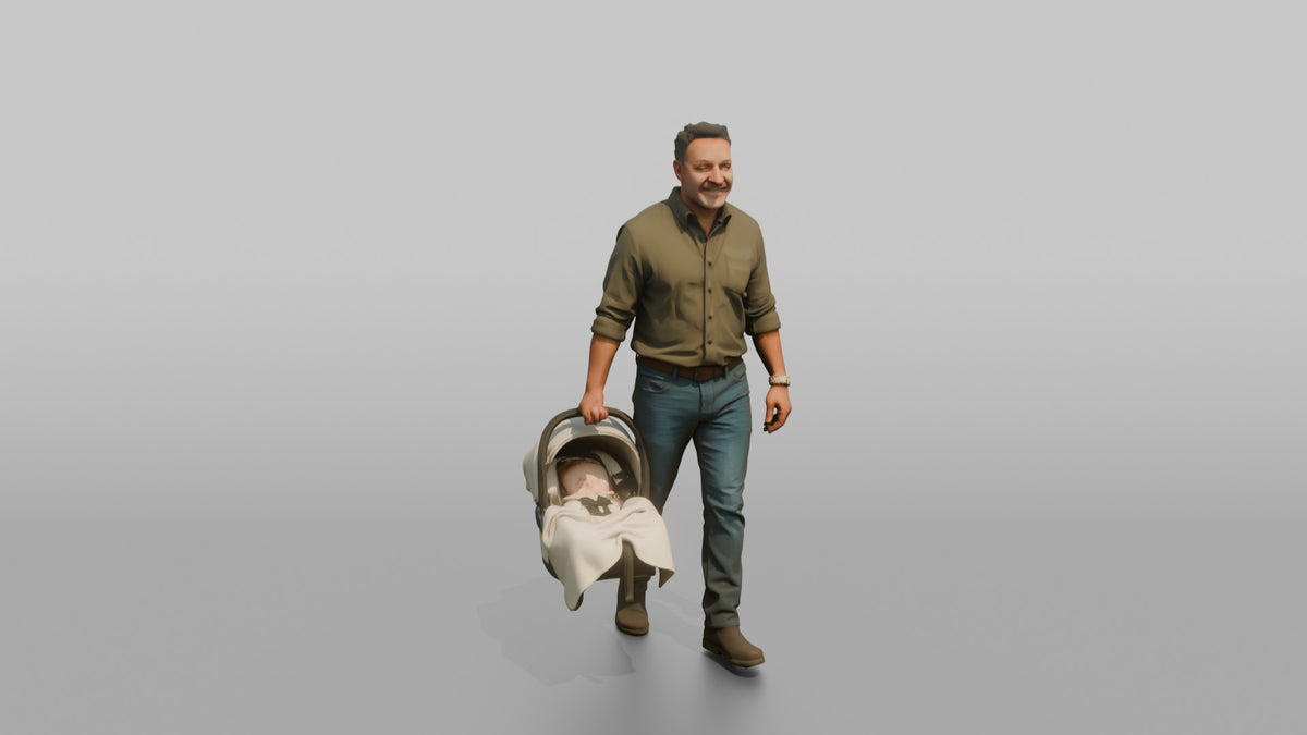 Father Carrying A Car Seat By Its Handle At His Side - 3D character model, view 5