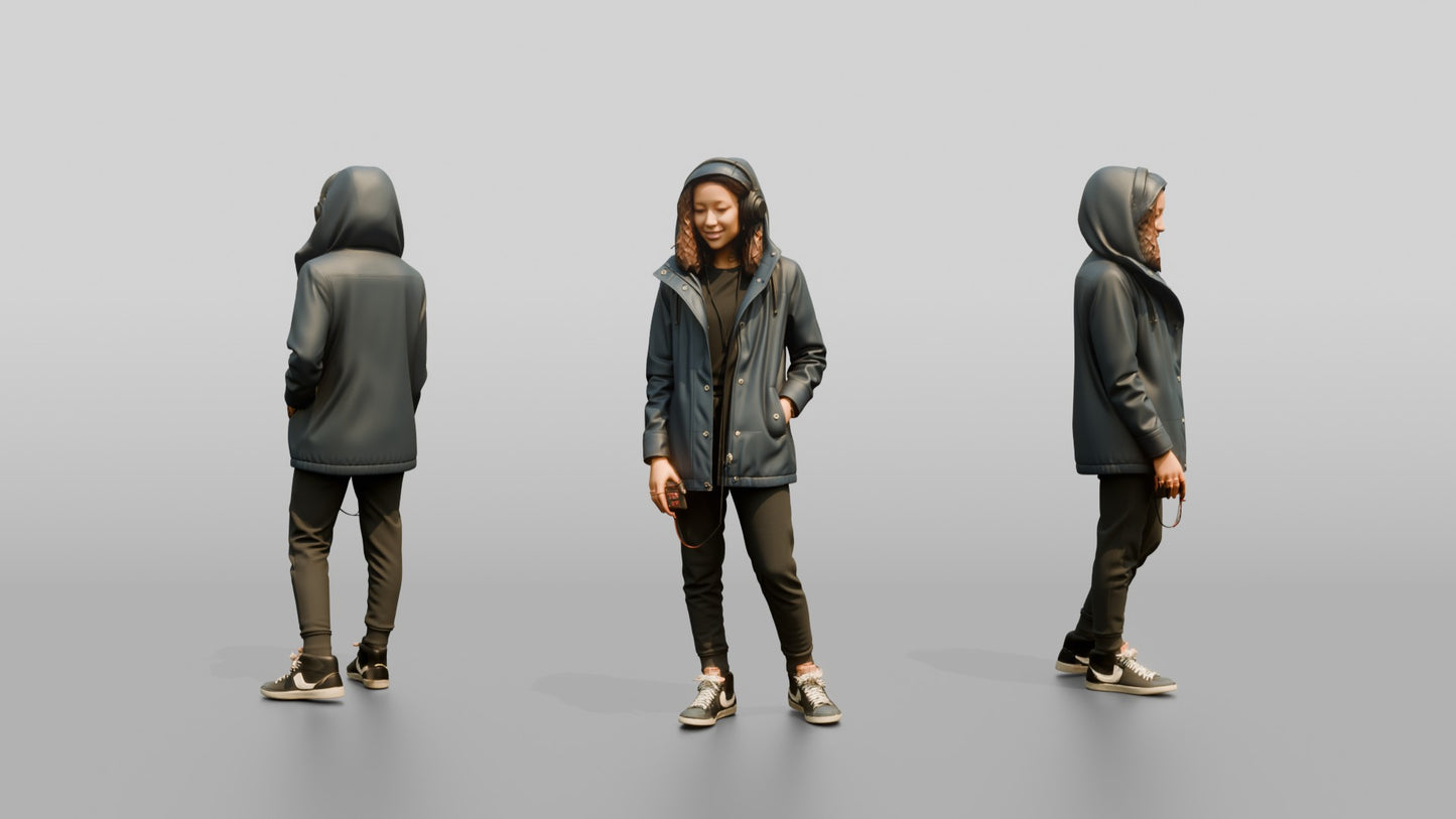 Teen Girl in Denim Rain Jacket with Headphones