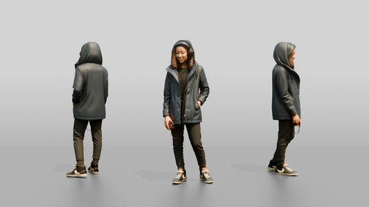 Teen Girl in Denim Rain Jacket with Headphones