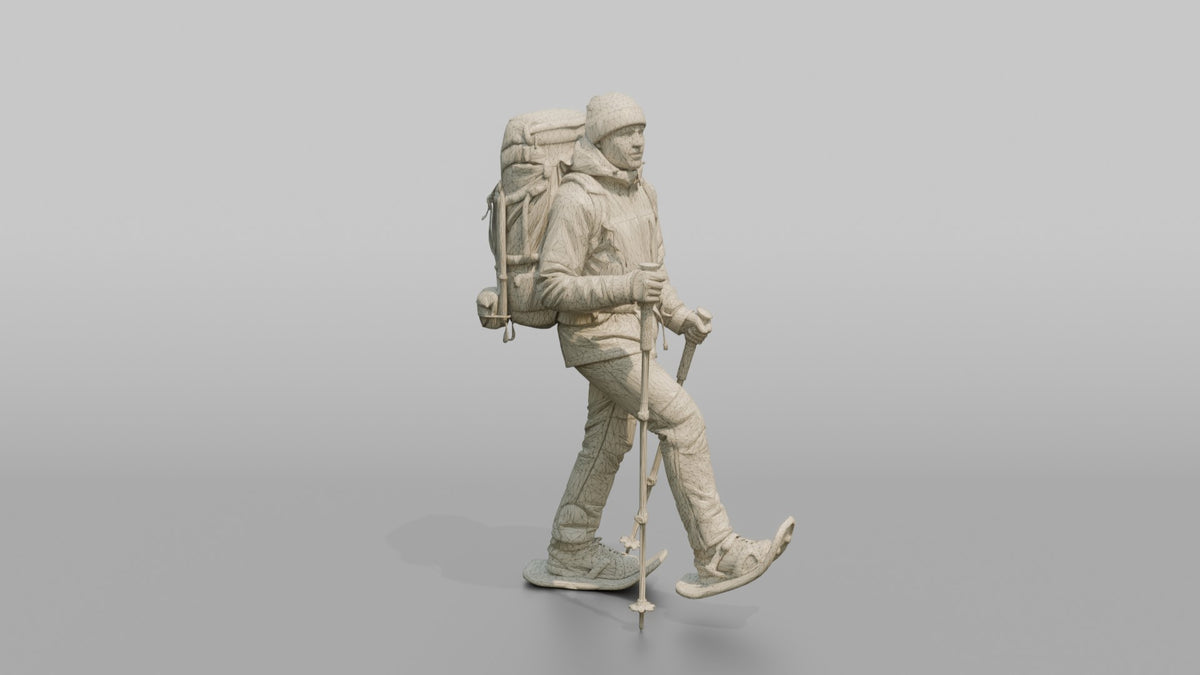 Winter Hiker Stepping Through Deep Snow - wireframe topology preview