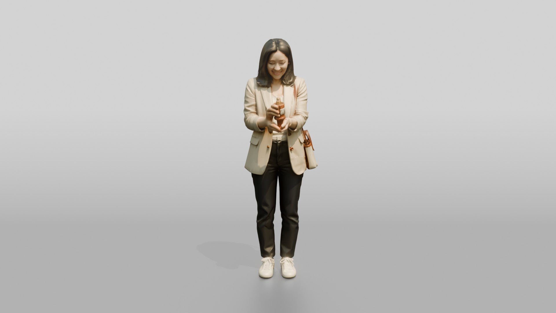 Young Asian Woman Holding Coffee Cup with Crossbody Bag