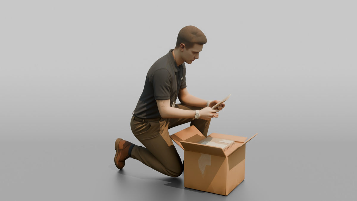 Man Stock Clerk Checking A Delivery Box Against A Packing Slip - 3D character model, view 2