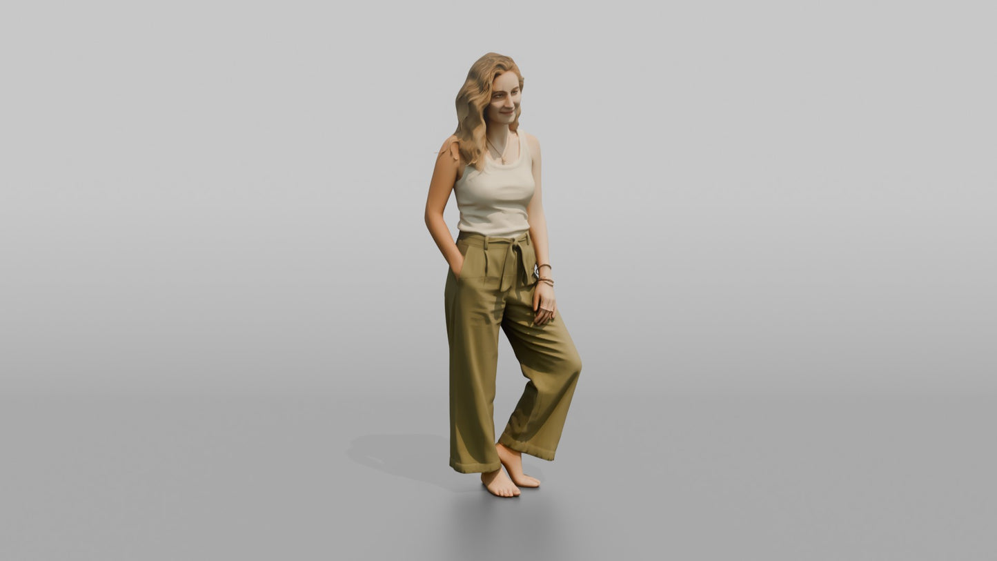 Woman Standing in Olive Green Linen Pants