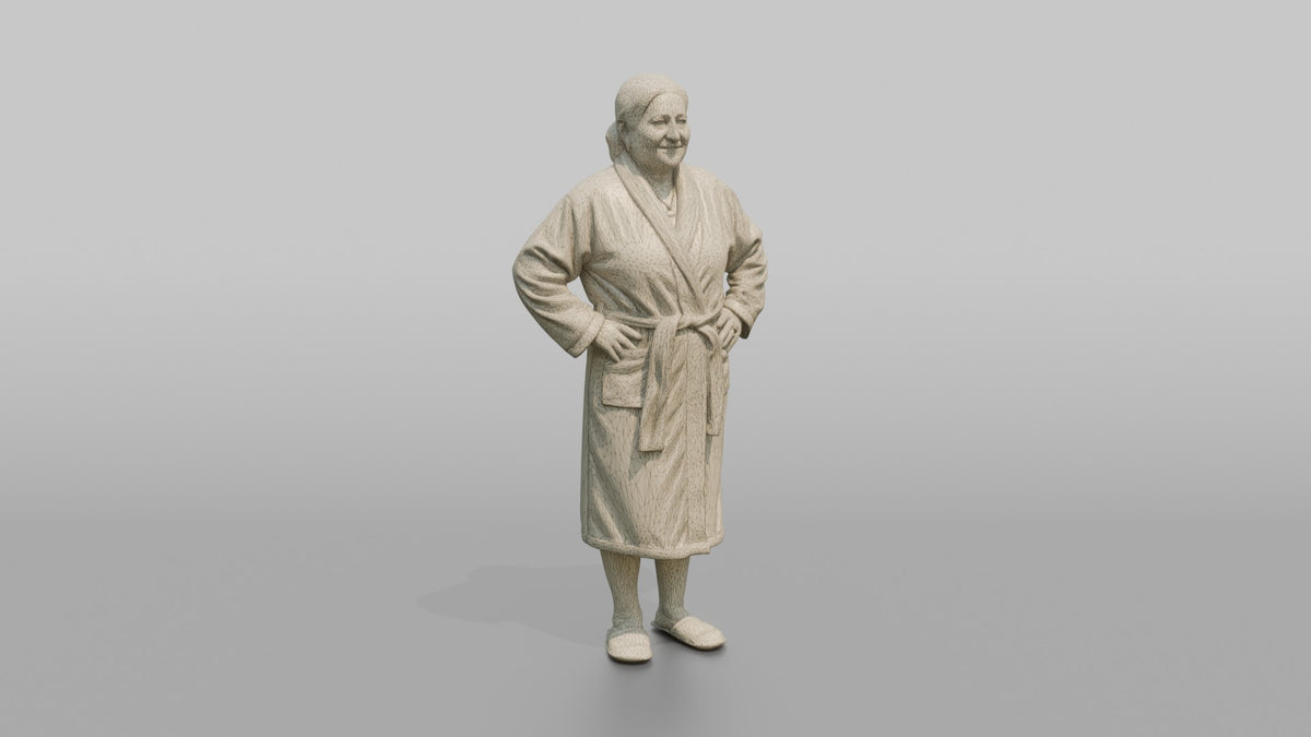 Spa Client Woman Standing Looking Relaxed, Hands Resting On Hips, Robe On - wireframe topology preview