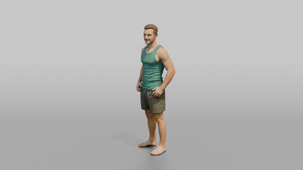 Physique Model Man Standing In A Relaxed Athletic Stance, Thumbs In Waistband - 3D character model, view 4