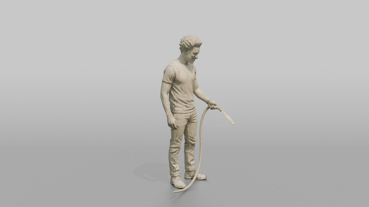 Father Holding A Garden Hose, Watering Unseen Plants - wireframe topology preview