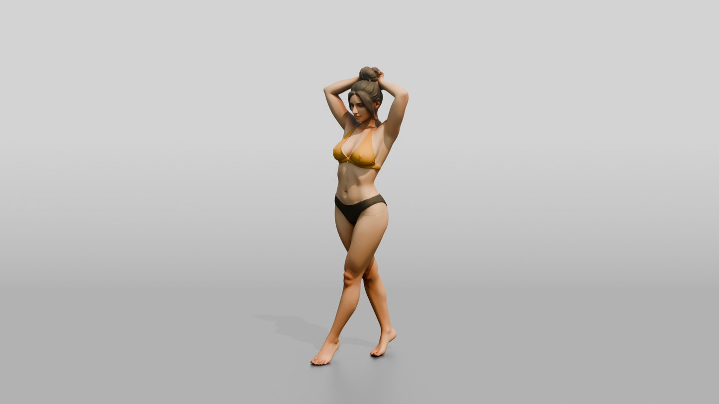 Curvy Woman in Yellow Two-Piece Swimsuit Arms Raised