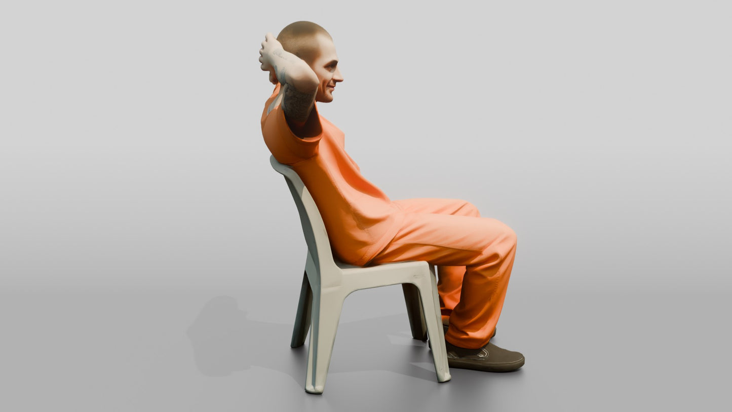 Caucasian Male Prisoner Leaning Back in a Hard Plastic Chair