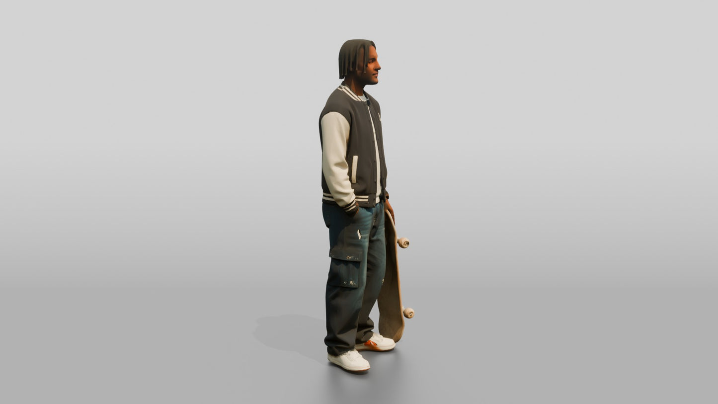 Skater Man in Varsity Jacket with Skateboard