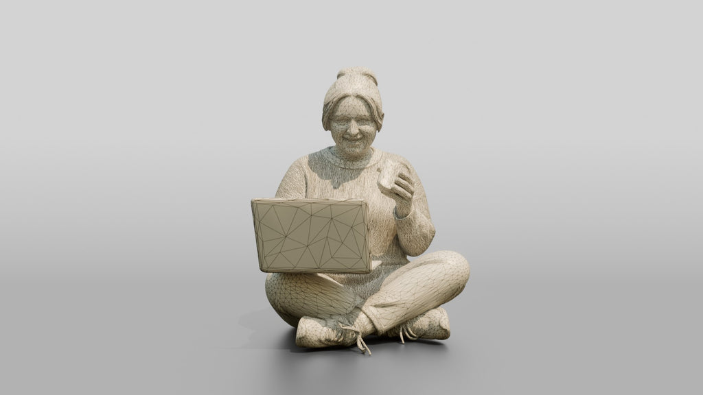 Plus-Size Woman Seated on Suitcase Eating Sandwich with Laptop