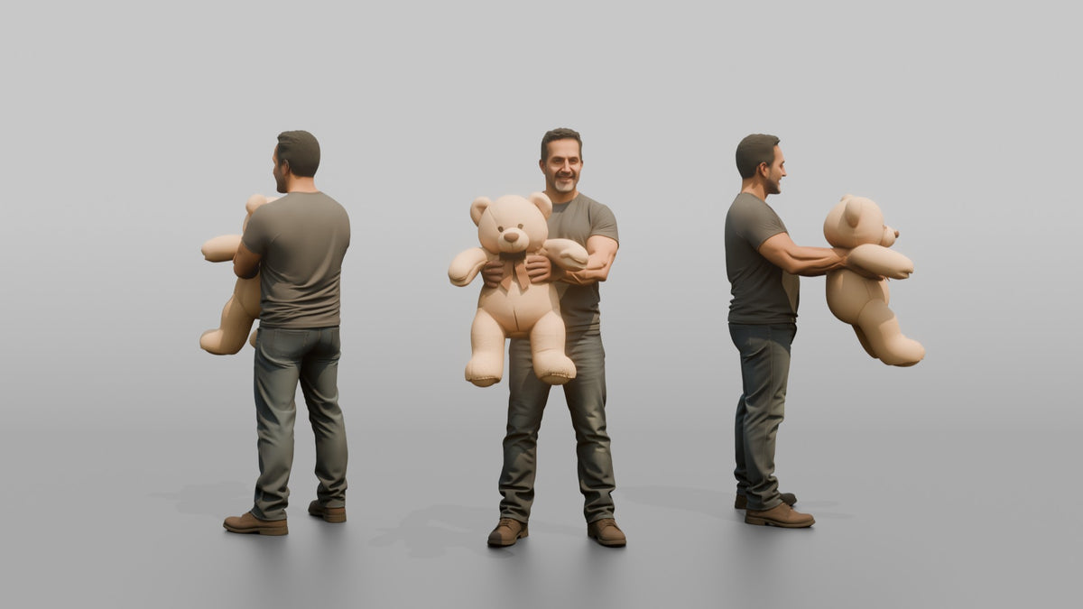 Father Holding A Large Teddy Bear Out In Front Of Him With Both Hands - 3D character model, view 1