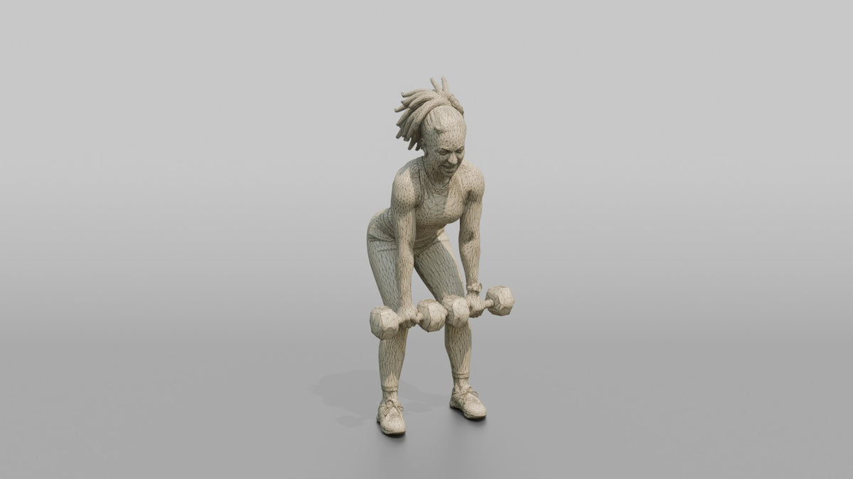 Weightlifter Woman Mid-rep On A Dumbbell Deadlift - wireframe topology preview