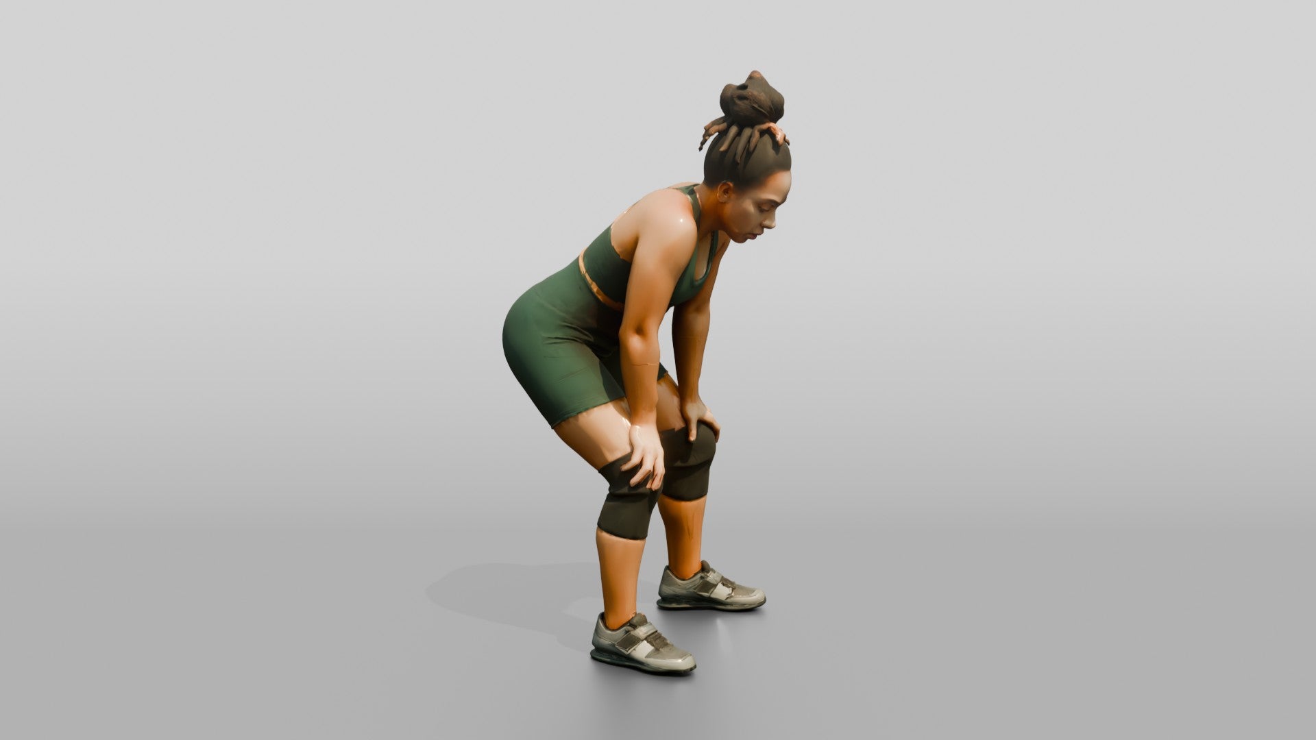 Woman Catching Breath After Lift