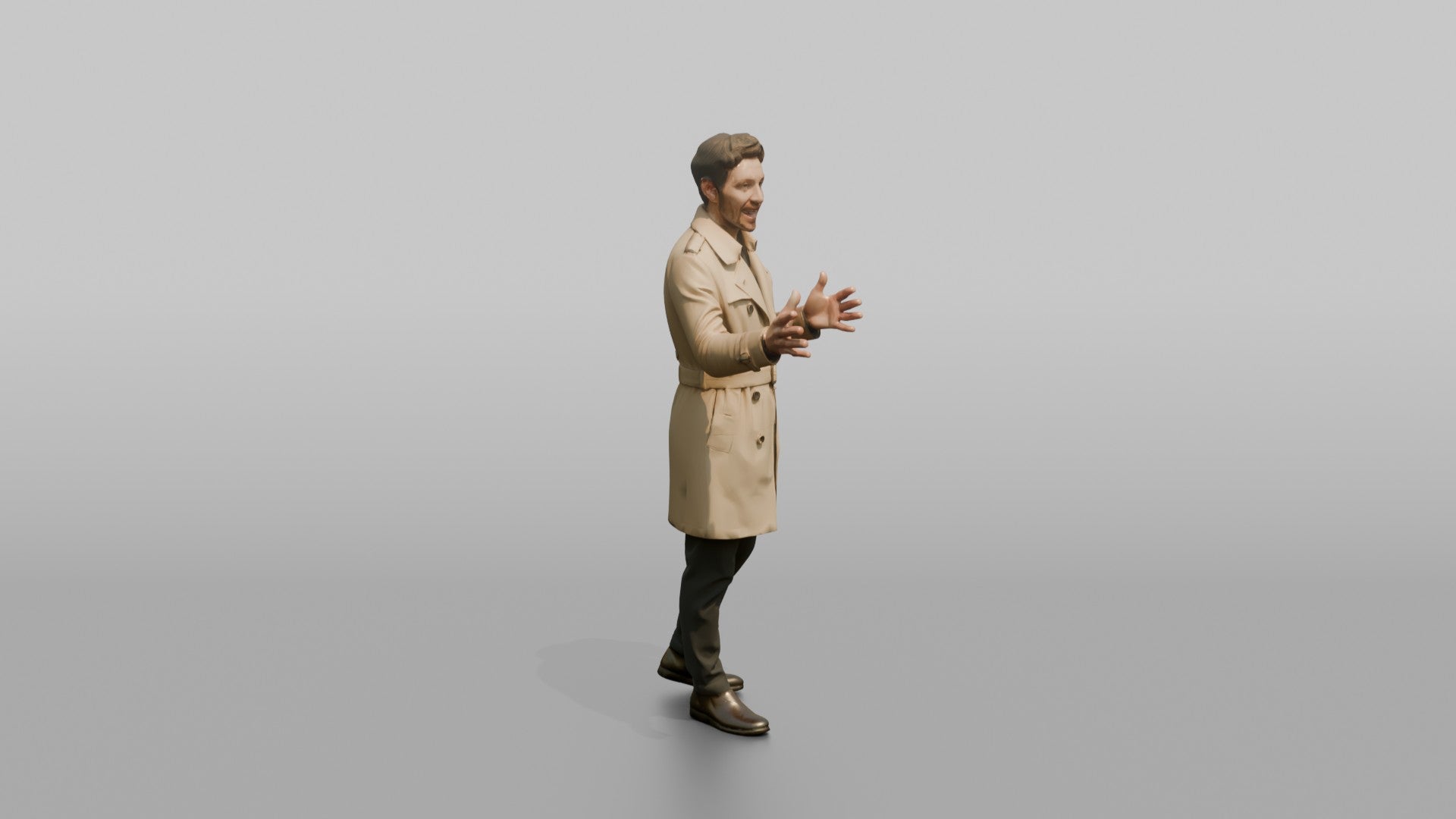 European Man in a Trench Coat, Gesturing Mid-Conversation