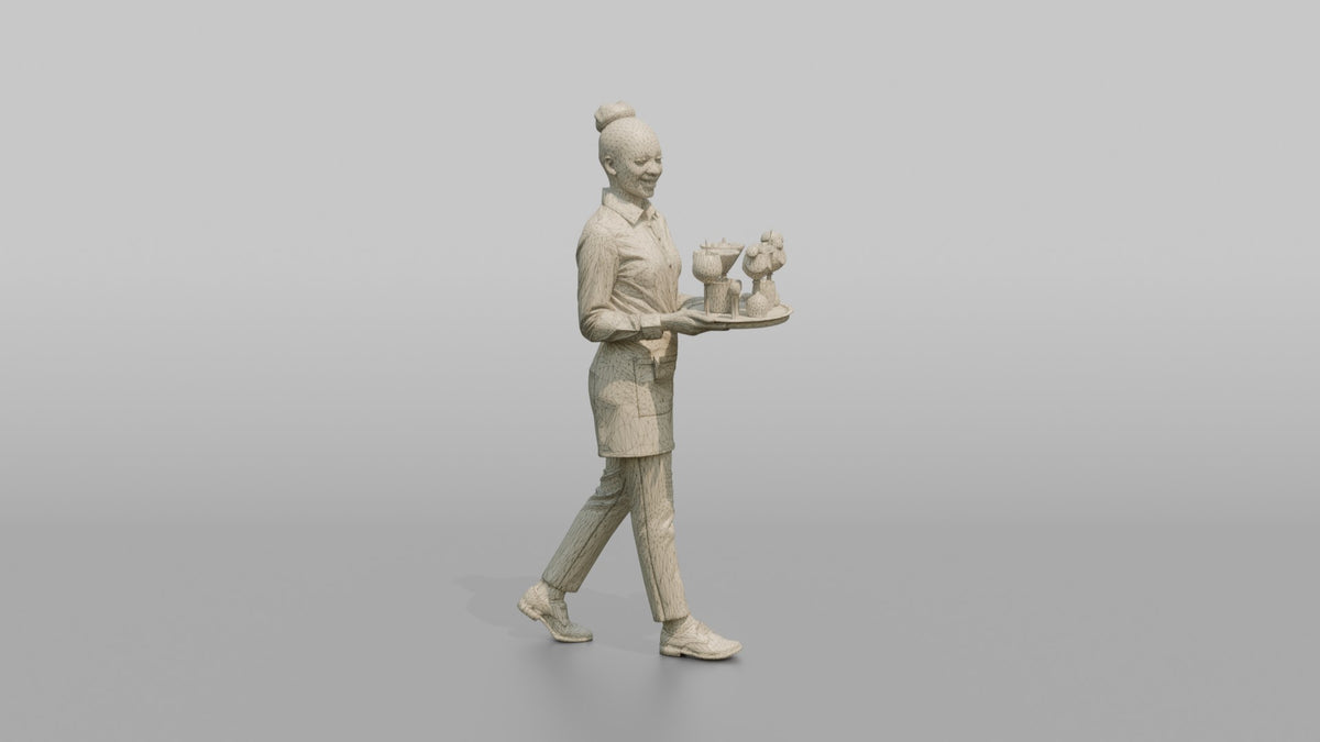 Cocktail Server Woman Carrying A Tray Of Colorful Cocktails - wireframe topology preview