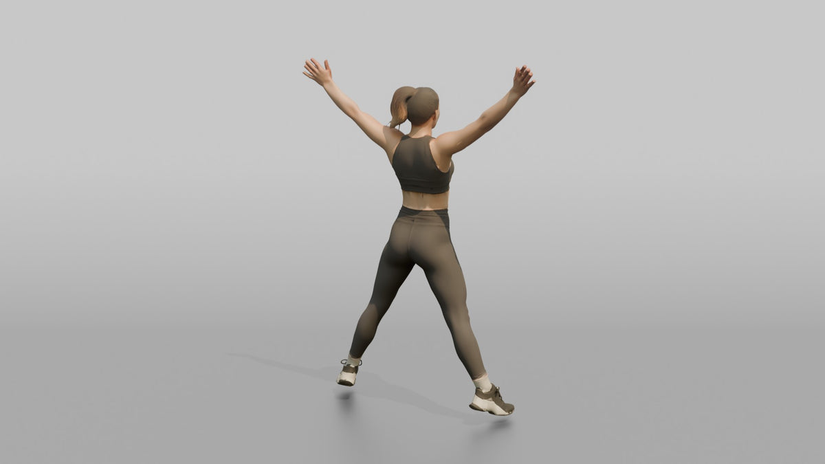 Cardio Athlete Woman Mid-jumping-jack, Arms Out To The Sides - 3D character model, view 3