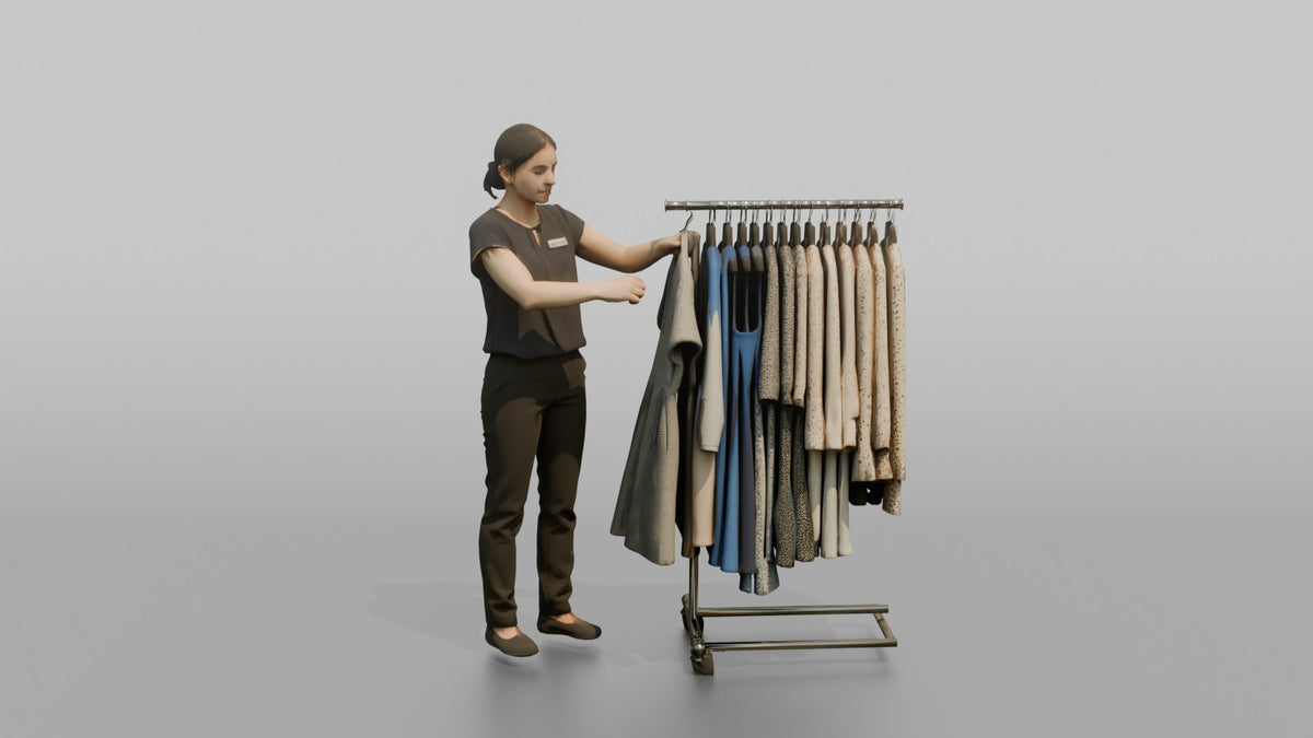 Woman Sales Associate Straightening A Rack Of Dresses - 3D character model