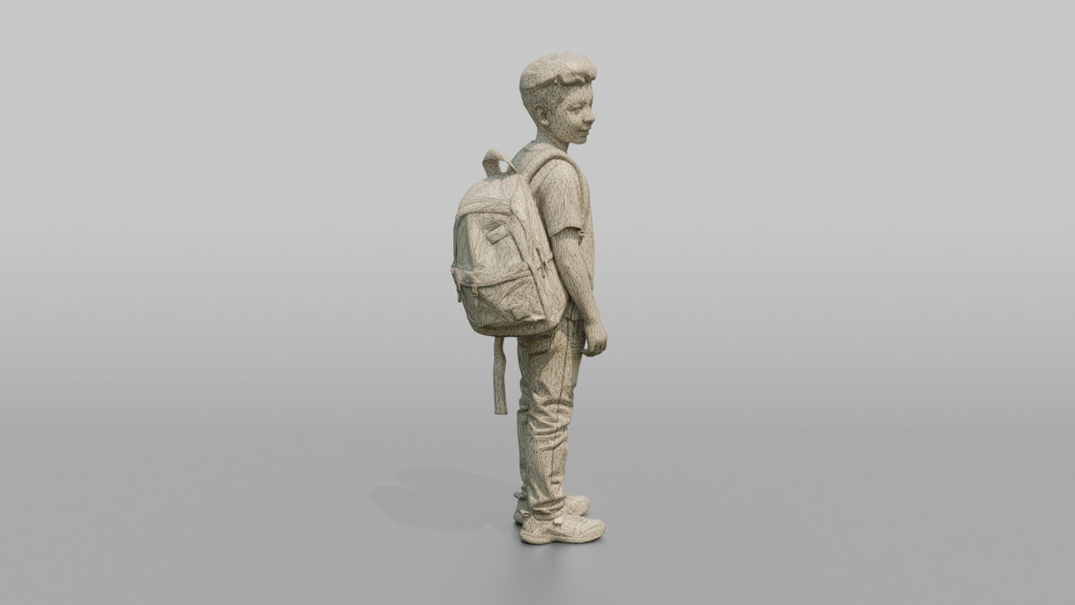 Son Carrying A Backpack By One Strap Over His Shoulder - wireframe topology preview