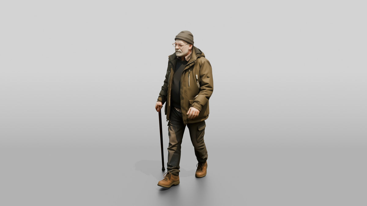 Elderly White Man Walking Slowly in Waterproof Jacket - 3D character model, view 4