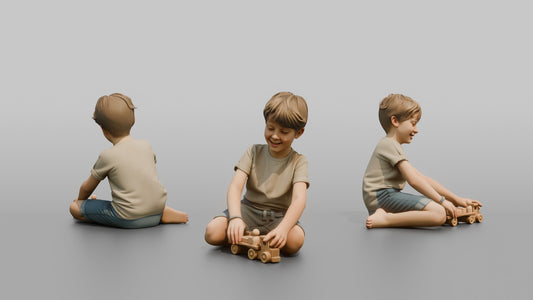 Boy Kneeling and Playing with a Wooden Toy