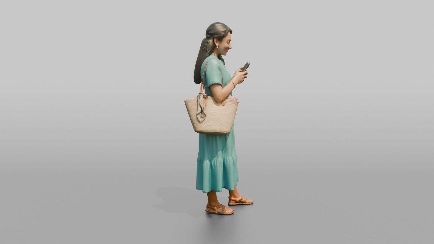 Vacationer Wearing Bright Turquoise Summer Dress And Straw