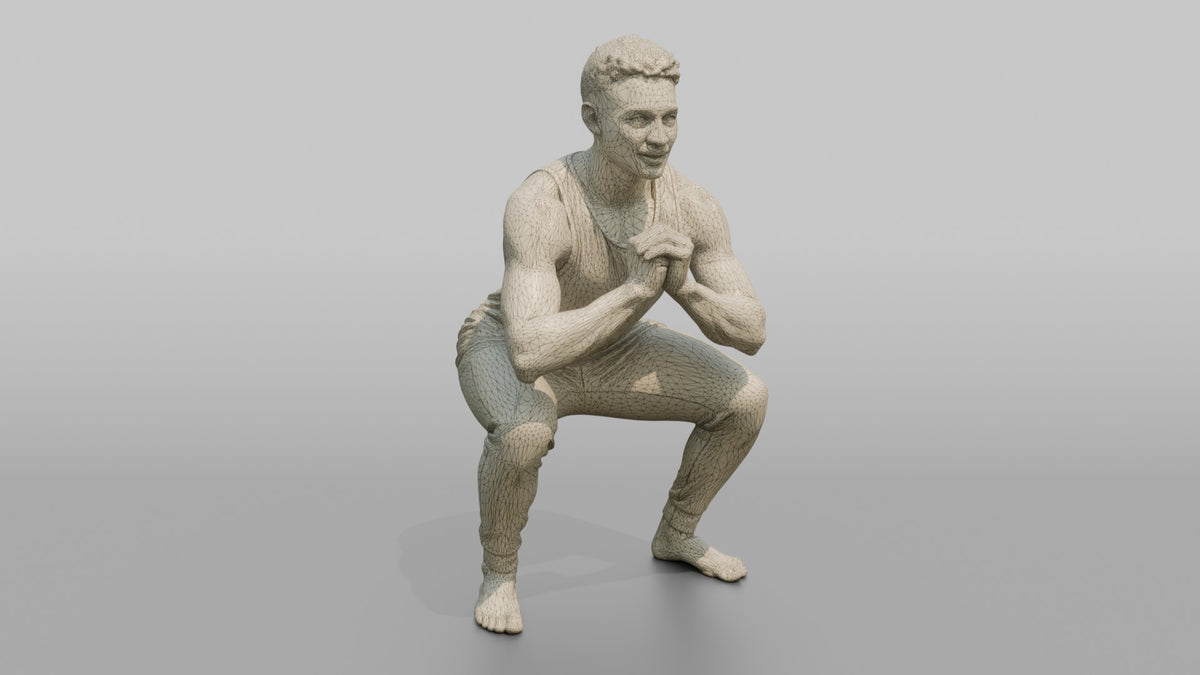 Fitness Influencer Man Doing A Bodyweight Squat With Hands Clasped - wireframe topology preview