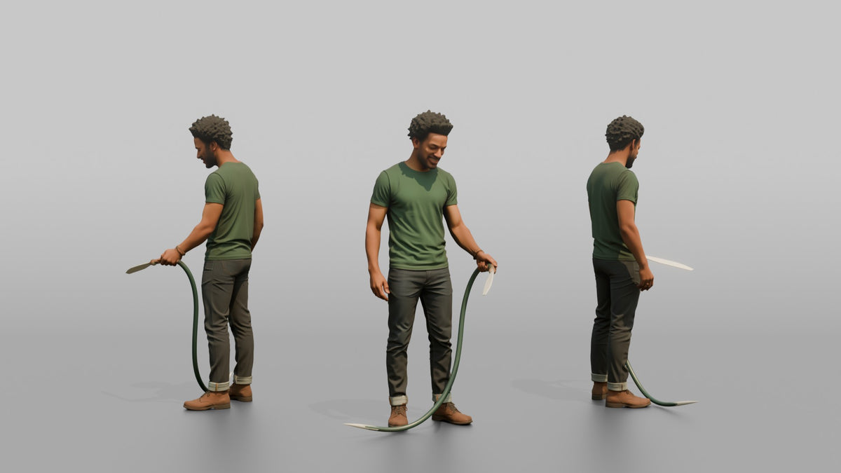 Father Holding A Garden Hose, Watering Unseen Plants - 3D character model, view 1
