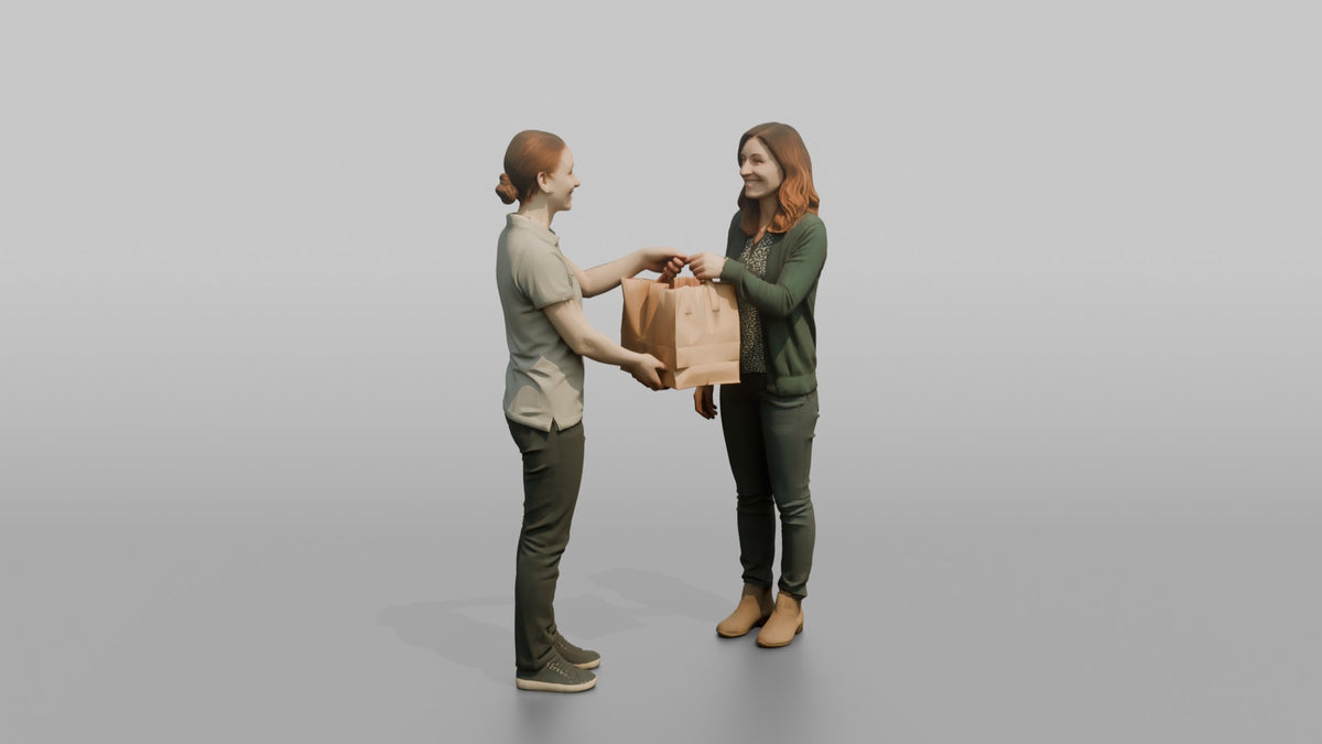 Woman Cashier Handing A Paper Shopping Bag To A Customer - 3D character model